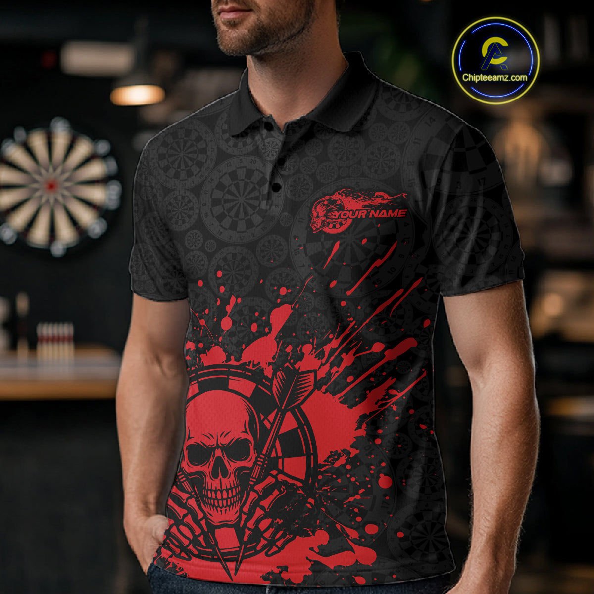 Custom Black And Red Splatter Dart Skull Men Polo Shirt, Dart Bone Halloween Team Jerseys IPHW9948