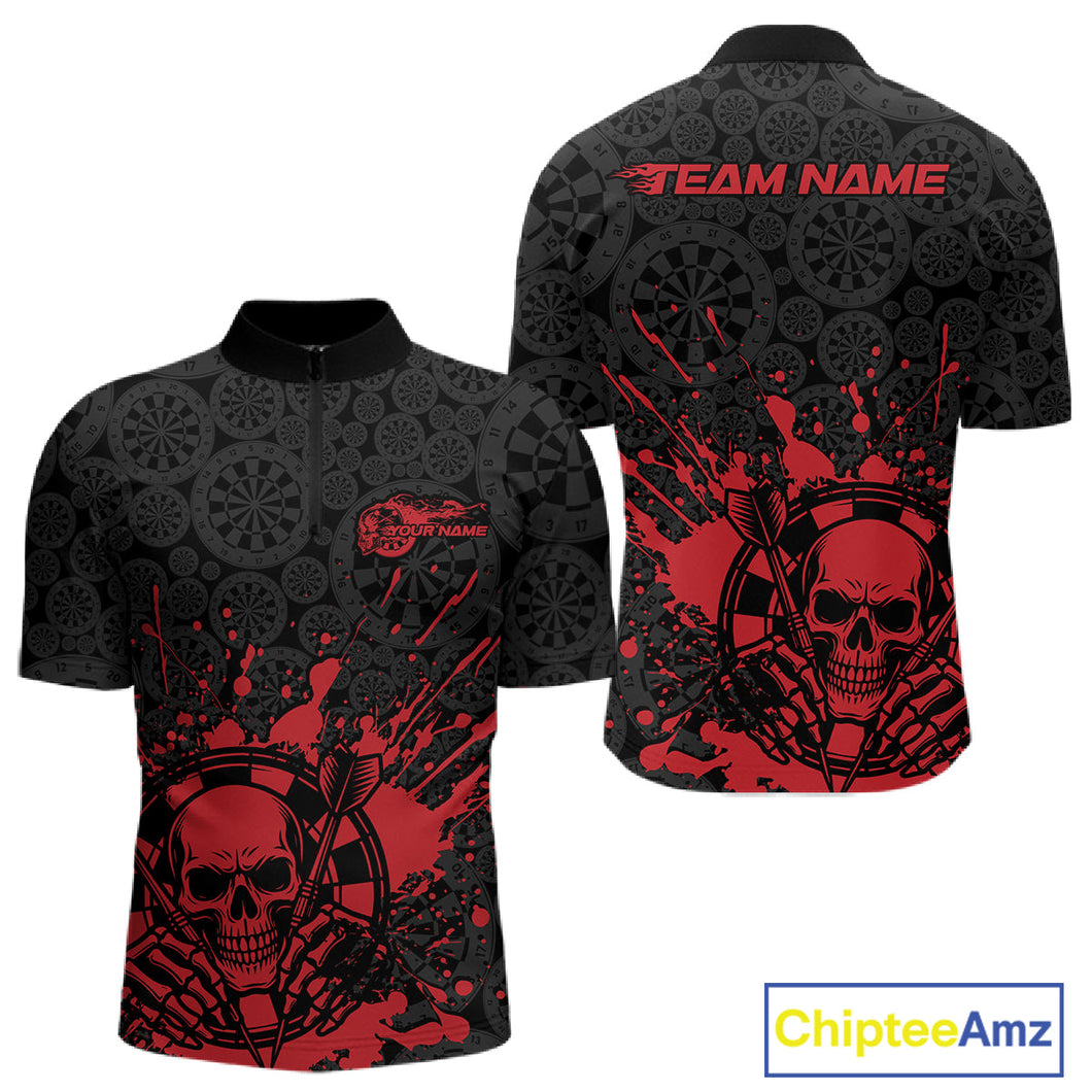 Custom Black And Red Splatter Dart Skull Men Quarter-Zip Shirt, Dart Bone Halloween Team Jerseys IPHW9948