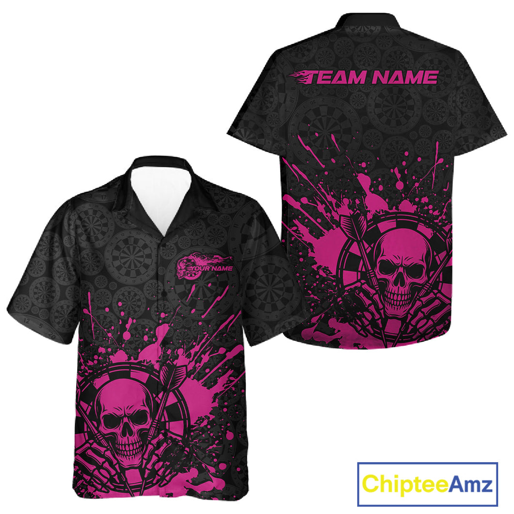 Custom Black And Pink Splatter Dart Skull Men And Women Hawaiian Shirt, Dart Bone Halloween Team Jerseys IPHW9949