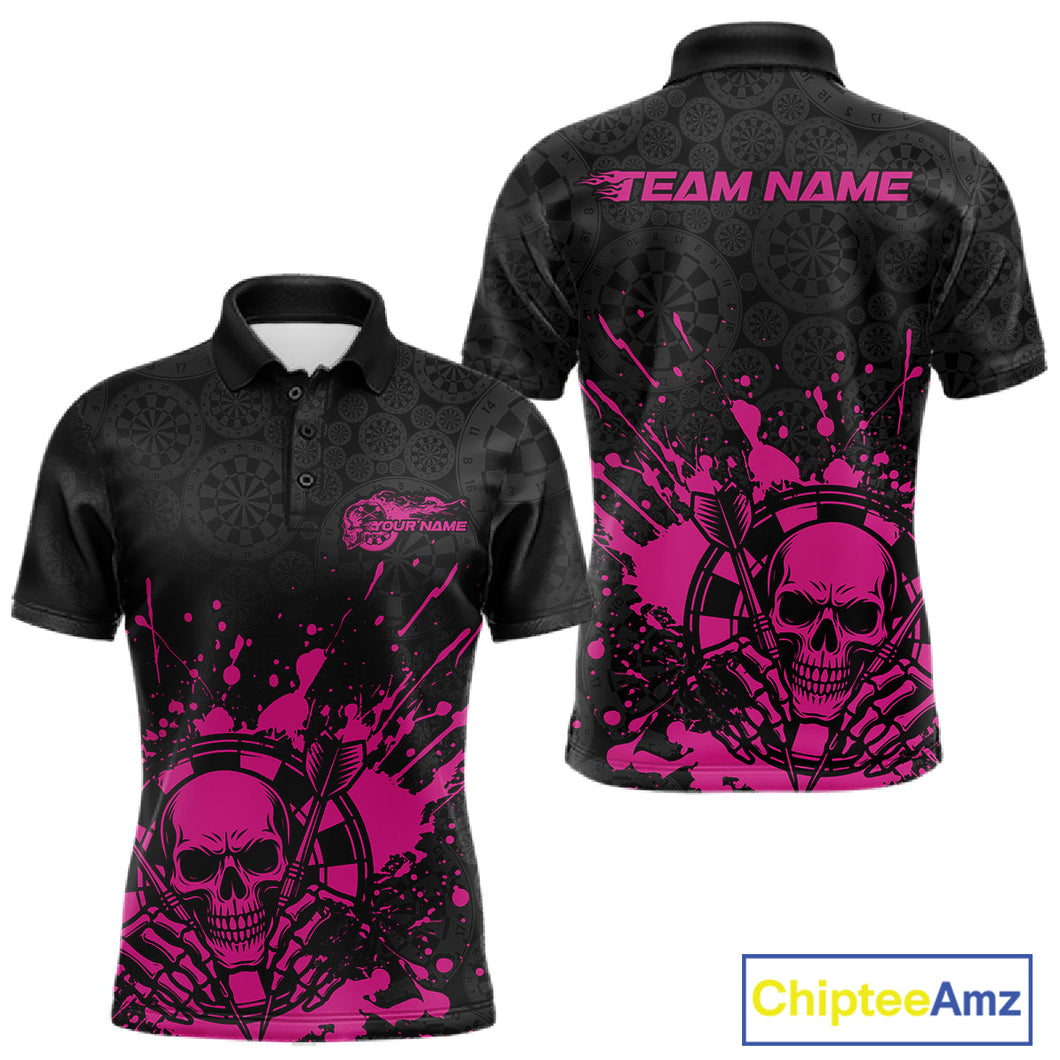 Custom Black And Pink Splatter Dart Skull Men Polo Shirt, Dart Bone Halloween Team Jerseys IPHW9949