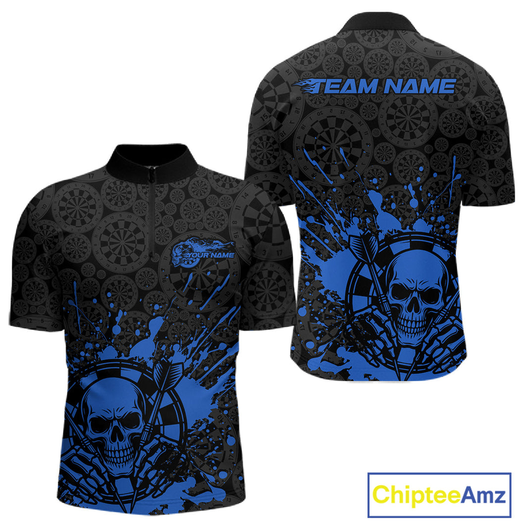 Custom Black And Pink Splatter Dart Skull Men Quarter-Zip Shirt, Dart Bone Halloween Team Jerseys IPHW9950
