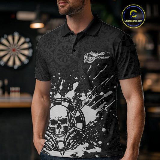 Custom Black And Gray Splatter Dart Skull Men Polo Shirt, Dart Bone Halloween Team Jerseys IPHW9951