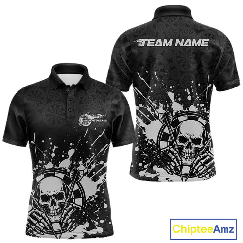 Custom Black And Gray Splatter Dart Skull Men Polo Shirt, Dart Bone Halloween Team Jerseys IPHW9951