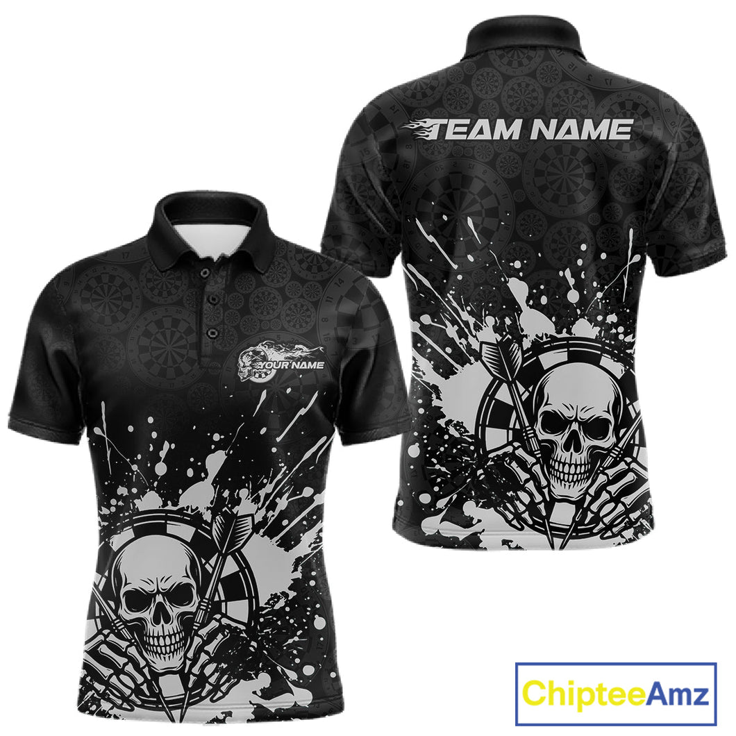 Custom Black And Gray Splatter Dart Skull Men Polo Shirt, Dart Bone Halloween Team Jerseys IPHW9951