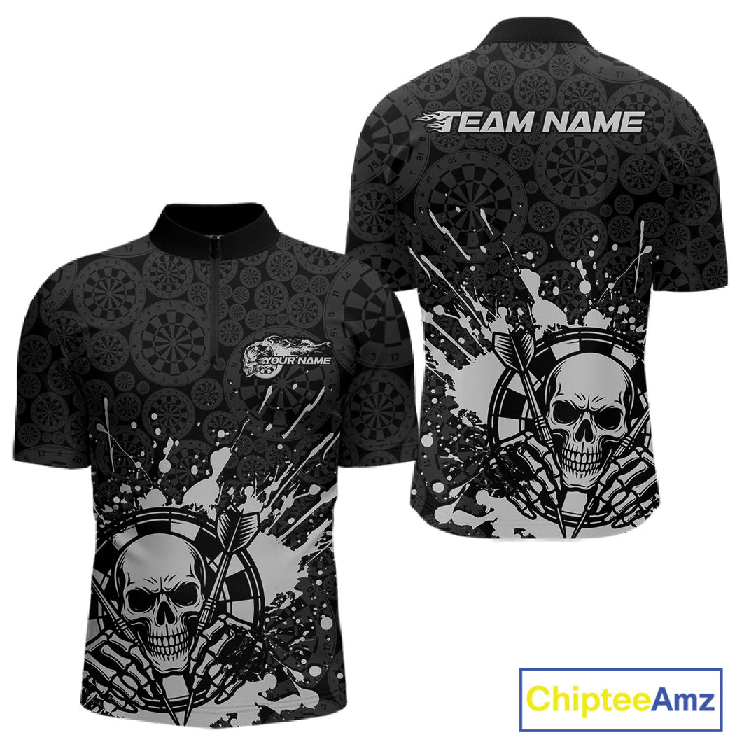 Custom Black And Gray Splatter Dart Skull Men Quarter-Zip Shirt, Dart Bone Halloween Team Jerseys IPHW9951