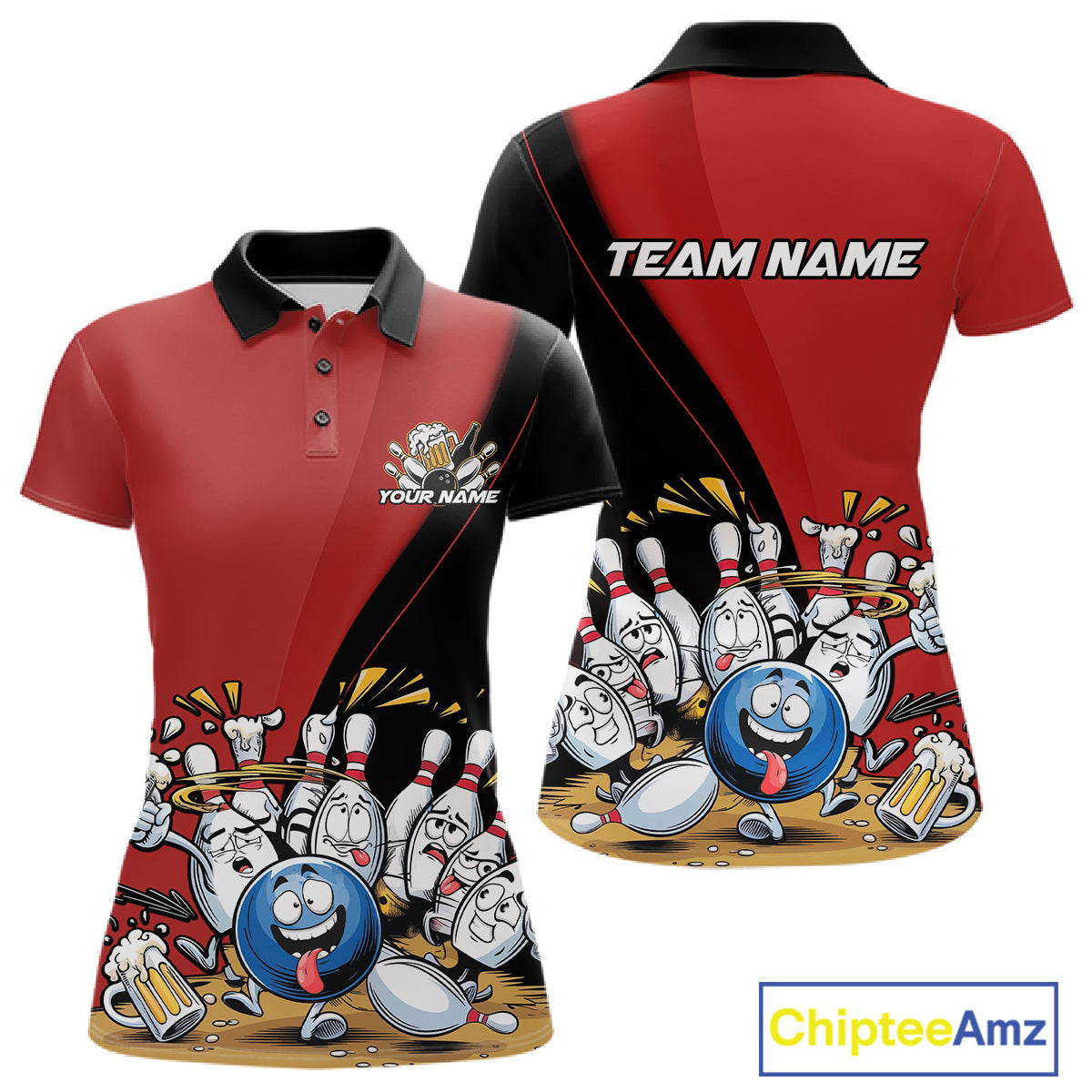 Custom Red Funny Bowling Women Polo Shirts, Bowling And Beer Party Bowlers Outfit IPHW10816
