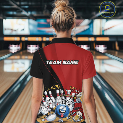 Custom Red Funny Bowling Women Quarter-Zip Shirts, Bowling And Beer Party Bowlers Outfit IPHW10816