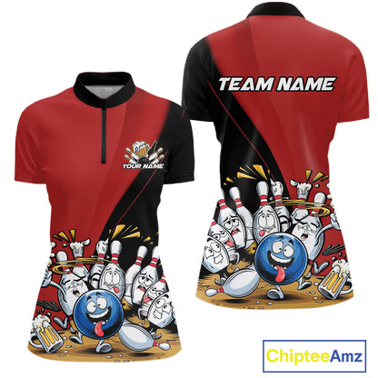 Custom Red Funny Bowling Women Quarter-Zip Shirts, Bowling And Beer Party Bowlers Outfit IPHW10816