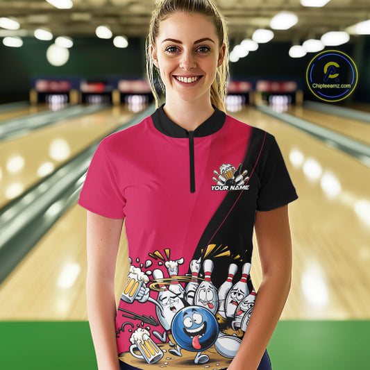 Custom Pink Funny Bowling Women Shirts, Bowling And Beer Party Bowlers Outfit IPHW10817