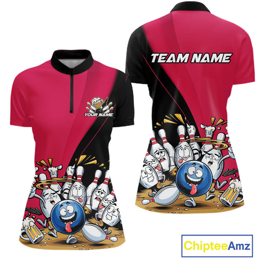 Custom Pink Funny Bowling Women Shirts, Bowling And Beer Party Bowlers Outfit IPHW10817