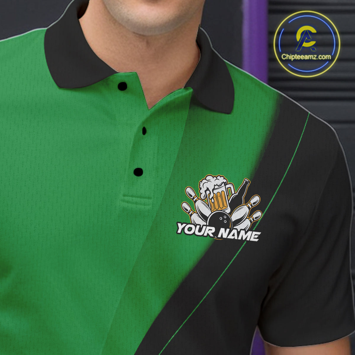 Custom Green Funny Bowling Men Polo Shirts, Bowling And Beer Party Bowlers Outfit IPHW10819