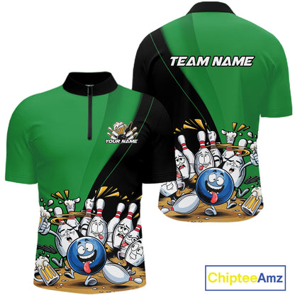 Custom Green Funny Bowling Men Quarter-Zip Shirts, Bowling And Beer Party Bowlers Outfit IPHW10819