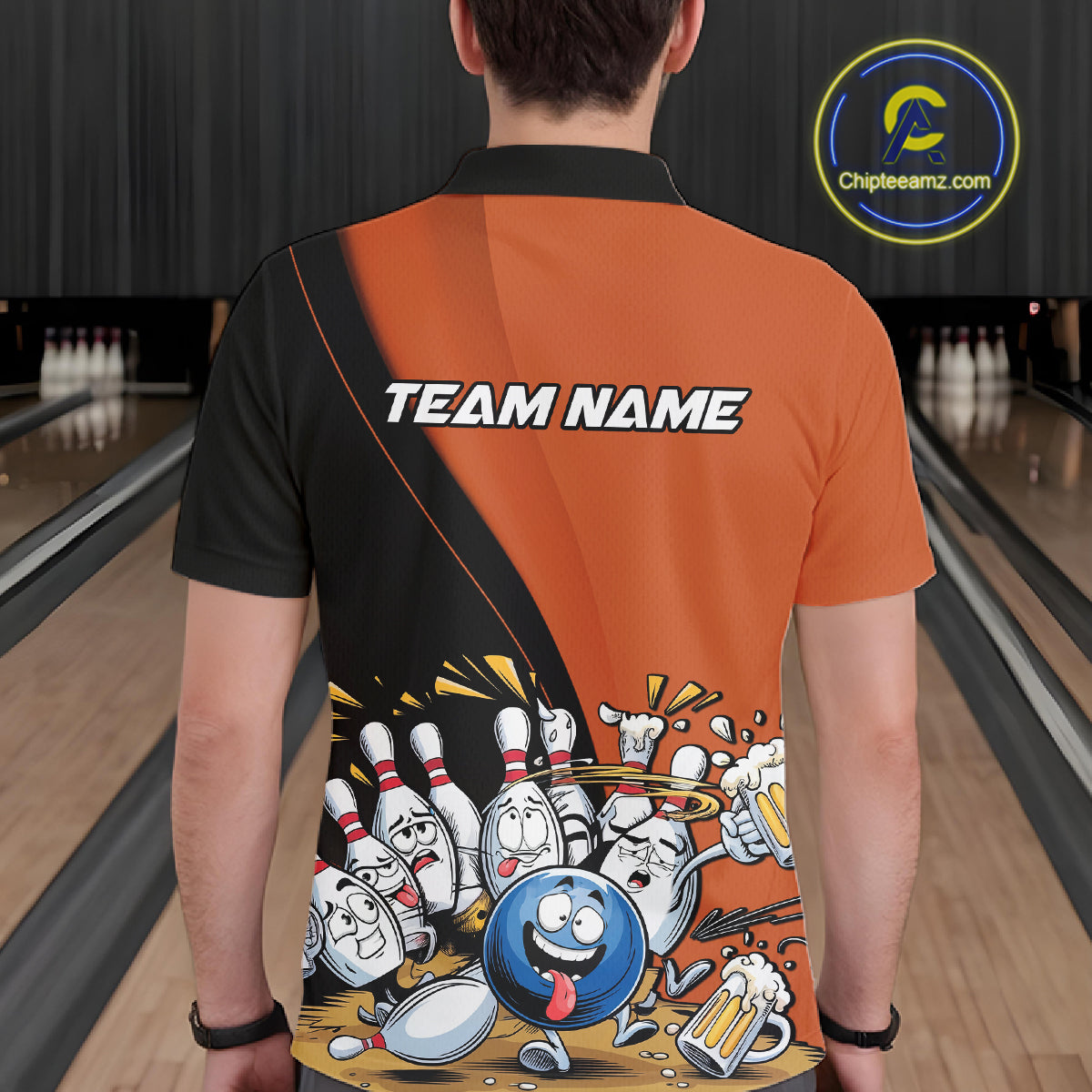 Custom Orange Funny Bowling Men Polo Shirts, Bowling And Beer Party Bowlers Outfit IPHW10820