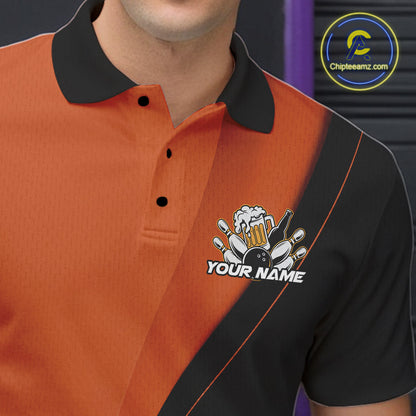 Custom Orange Funny Bowling Men Polo Shirts, Bowling And Beer Party Bowlers Outfit IPHW10820