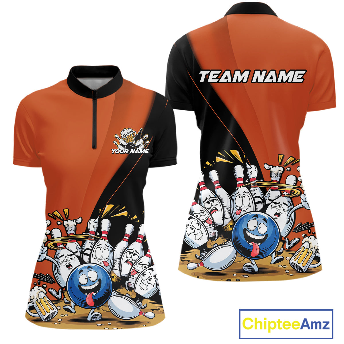 Custom Orange Funny Bowling Women Shirts, Bowling And Beer Party Bowlers Outfit IPHW10820