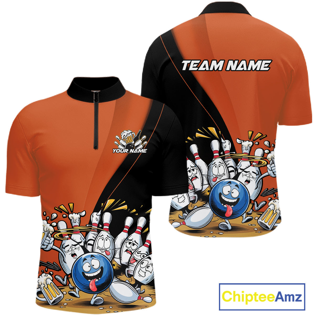 Custom Orange Funny Bowling Men Quarter-Zip Shirts, Bowling And Beer Party Bowlers Outfit IPHW10820