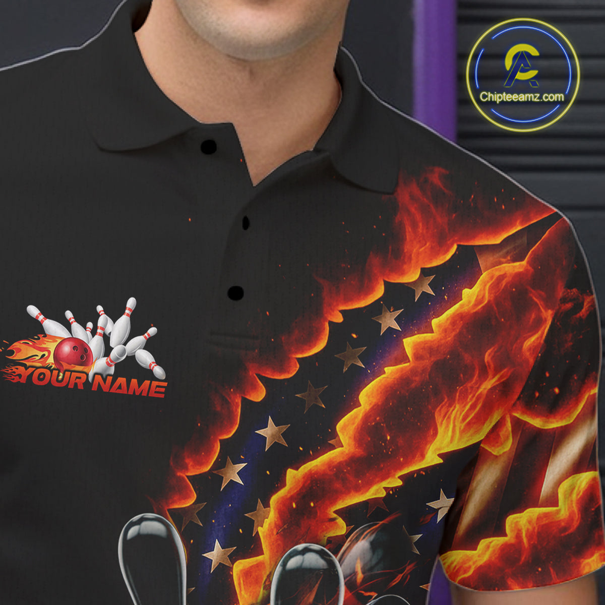 Custom Patriotic Flame Men Bowling Team Shirt, US Flag Bowling League Team Shirt IPHW10193