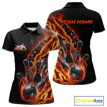 Load image into Gallery viewer, Custom Patriotic Flame Women Bowling Team Shirt, US Flag Bowling League Team Shirt IPHW10193