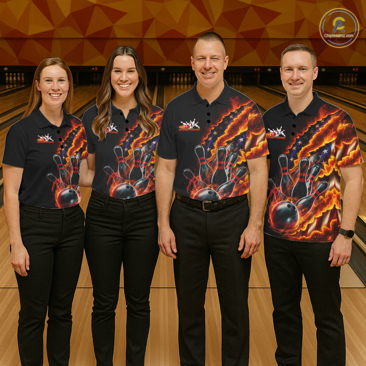 Custom Patriotic Flame Men Bowling Team Shirt, US Flag Bowling League Team Shirt IPHW10193