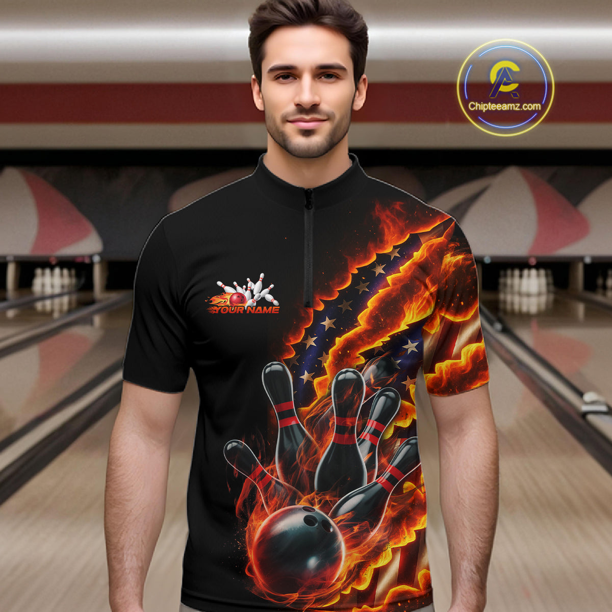Custom Patriotic Flame Men Bowling Team Shirt, US Flag Bowling League Team Shirt IPHW10193