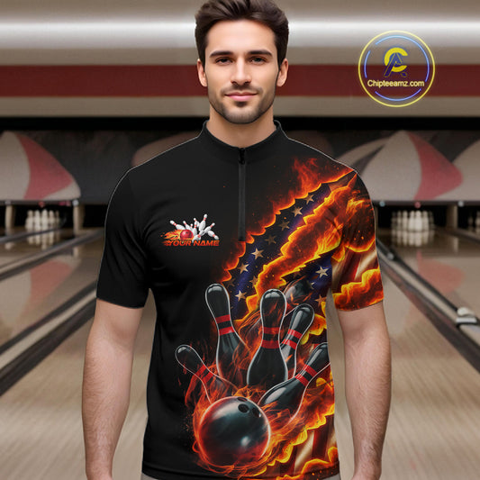 Custom Patriotic Flame Men Bowling Team Shirt, US Flag Bowling League Team Shirt IPHW10193