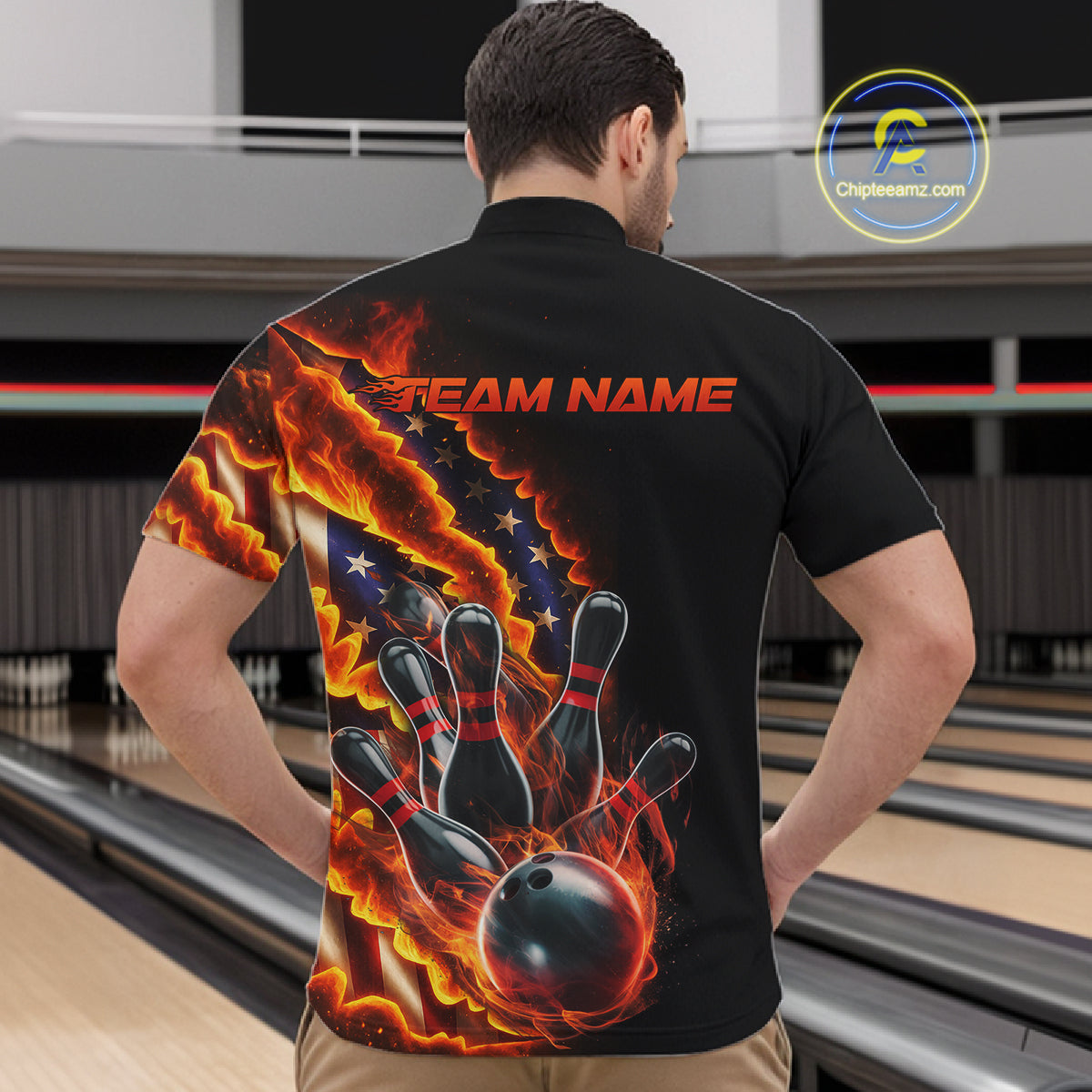 Custom Patriotic Flame Men Bowling Team Shirt, US Flag Bowling League Team Shirt IPHW10193