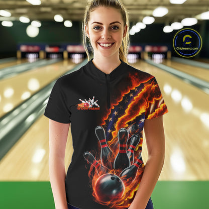 Custom Patriotic Flame Women Bowling Team Shirt, US Flag Bowling League Team Shirt IPHW10193