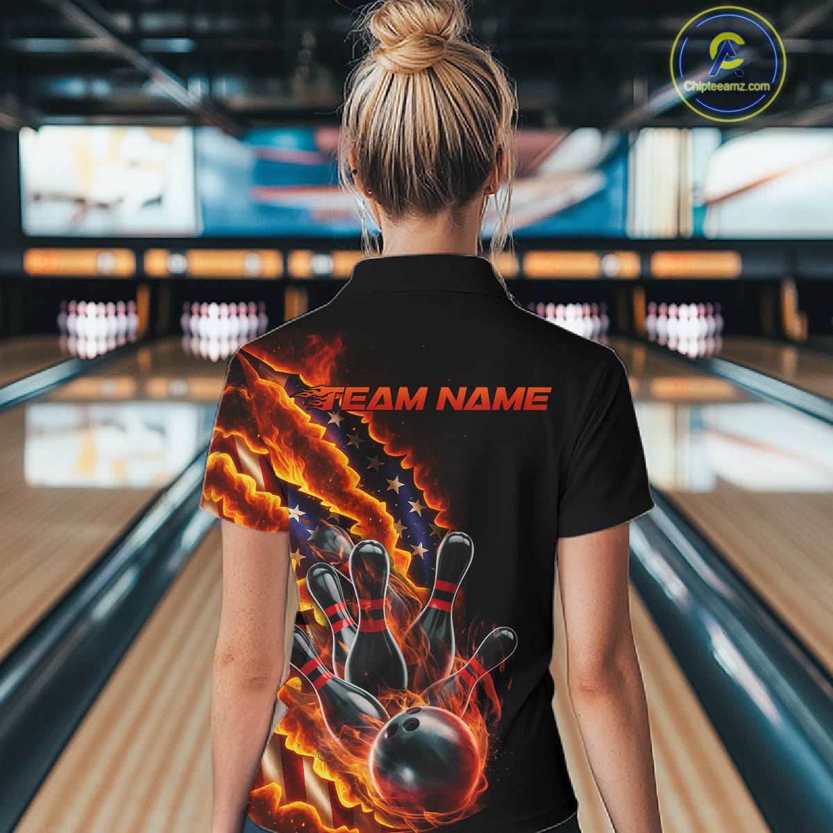 Custom Patriotic Flame Women Bowling Team Shirt, US Flag Bowling League Team Shirt IPHW10193