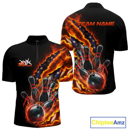 Custom Patriotic Flame Men Bowling Team Shirt, US Flag Bowling League Team Shirt IPHW10193