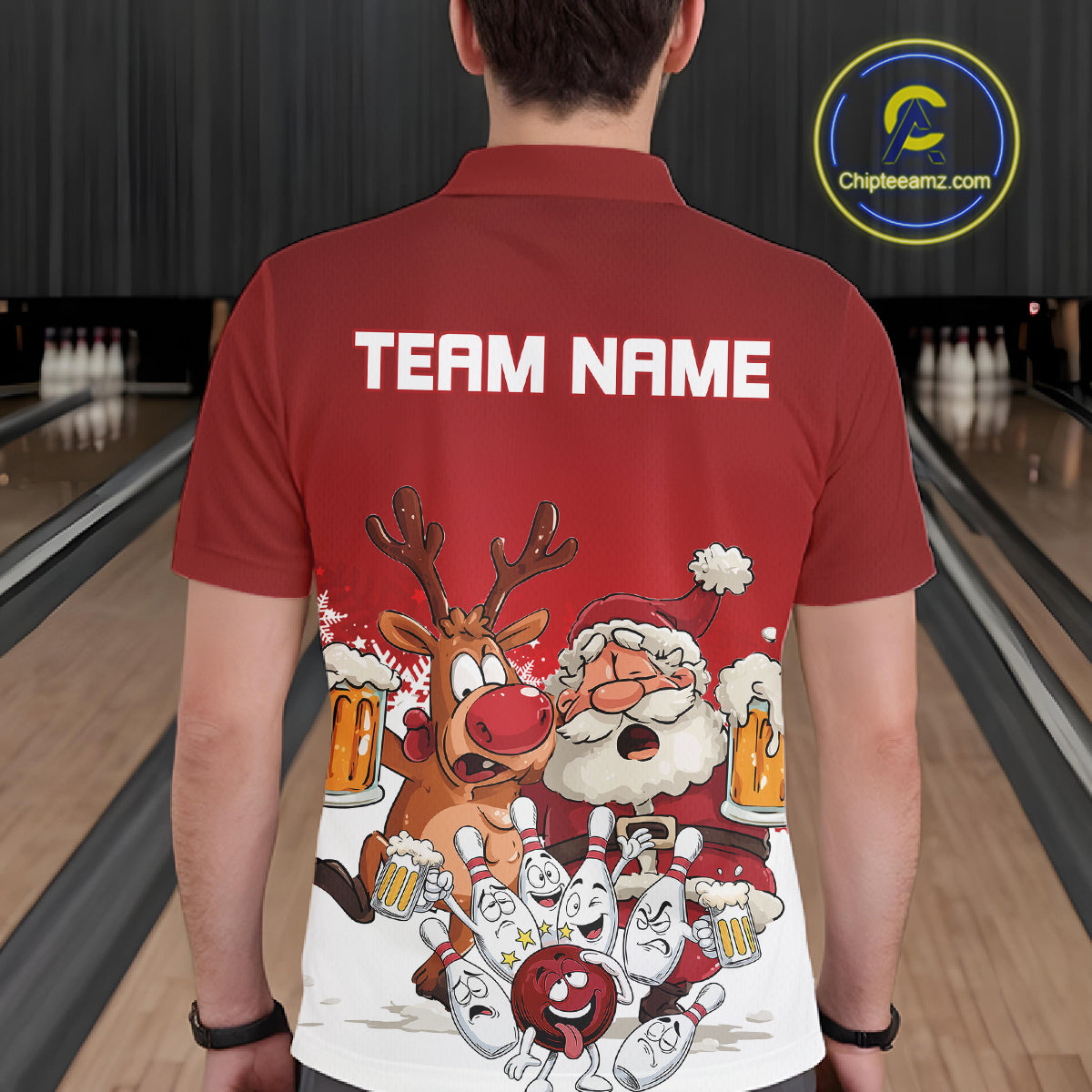 Custom Red Funny Christmas Men Bowling Shirts, Bowling And Beer Xmas Party Shirt IPHW10204