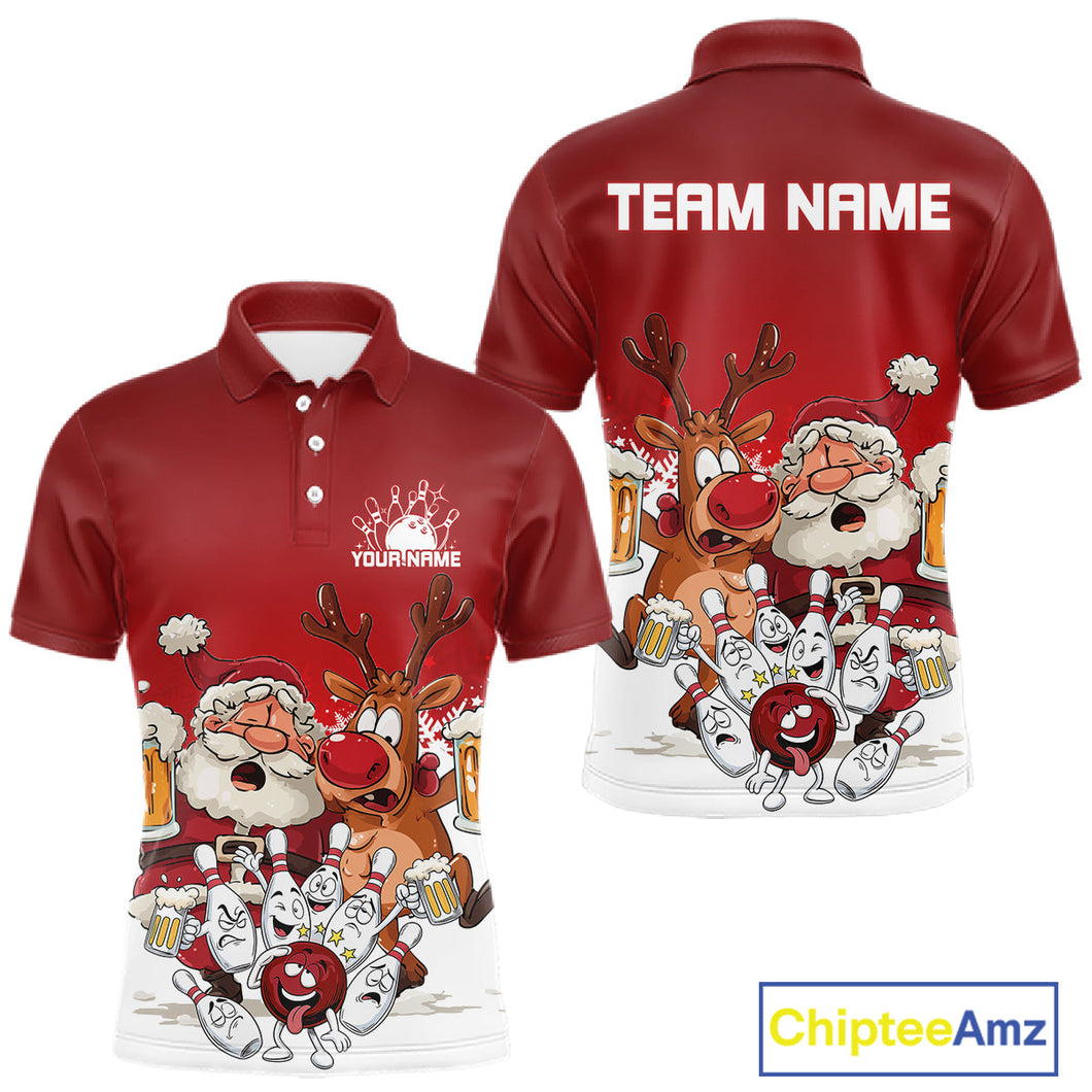Custom Red Funny Christmas Men Bowling Shirts, Bowling And Beer Xmas Party Shirt IPHW10204