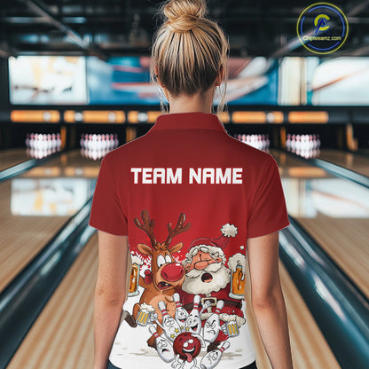Custom Red Funny Christmas Women Bowling Shirts, Bowling And Beer Xmas Party Shirt IPHW10204
