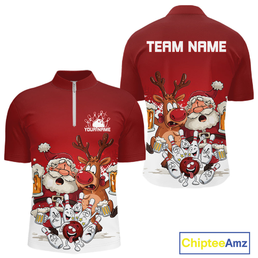 Custom Red Funny Christmas Men Bowling Shirts, Bowling And Beer Xmas Party Shirt IPHW10204