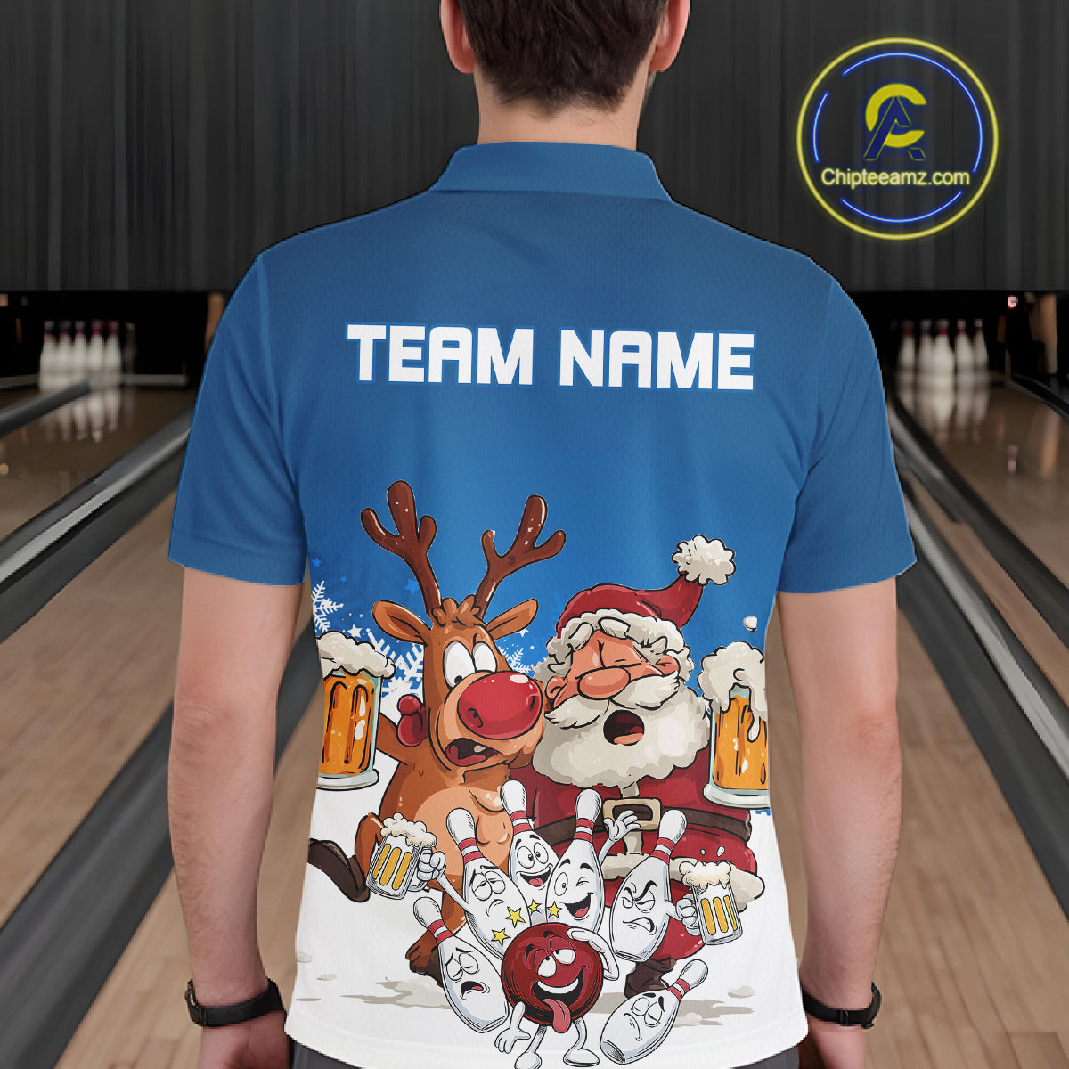Custom Blue Funny Christmas Men Bowling Shirts, Bowling And Beer Xmas Party Shirt IPHW10205