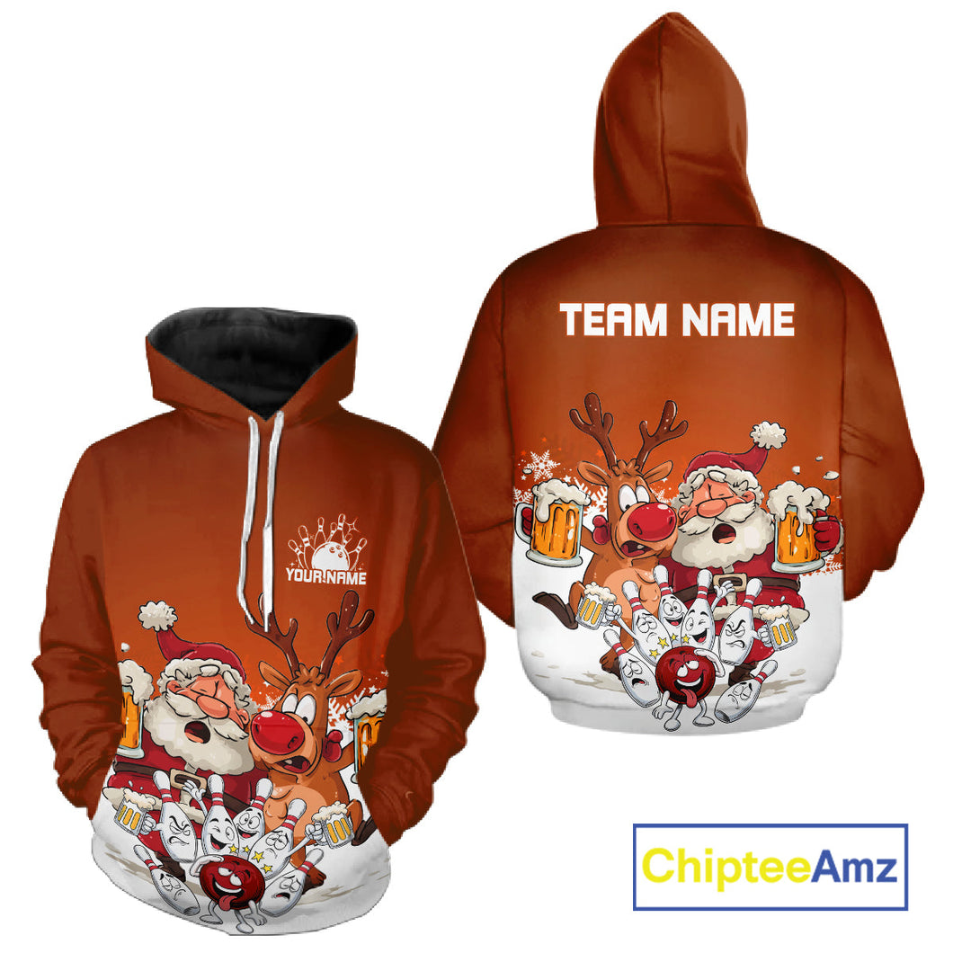 Custom Orange Funny Christmas Men And Women Bowling Shirts, Bowling And Beer Xmas Party Shirt IPHW10206