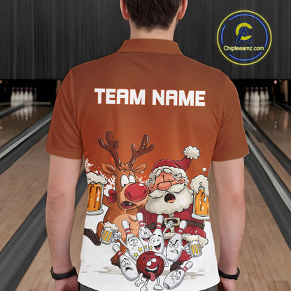 Custom Orange Funny Christmas Men Bowling Shirts, Bowling And Beer Xmas Party Shirt IPHW10206
