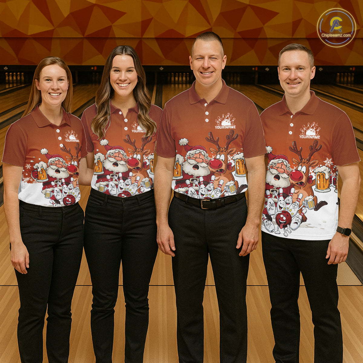 Custom Orange Funny Christmas Men Bowling Shirts, Bowling And Beer Xmas Party Shirt IPHW10206
