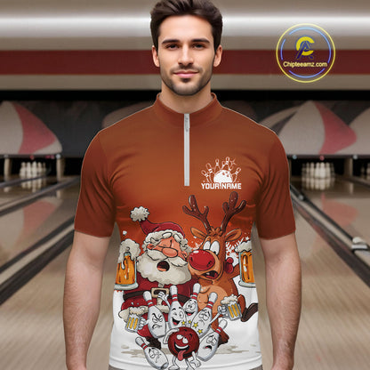 Custom Orange Funny Christmas Men Bowling Shirts, Bowling And Beer Xmas Party Shirt IPHW10206