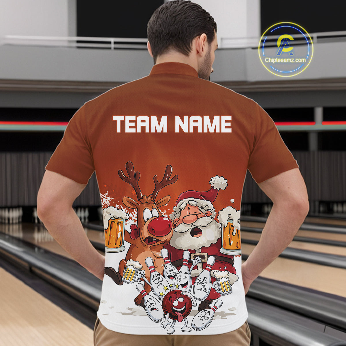 Custom Orange Funny Christmas Men Bowling Shirts, Bowling And Beer Xmas Party Shirt IPHW10206