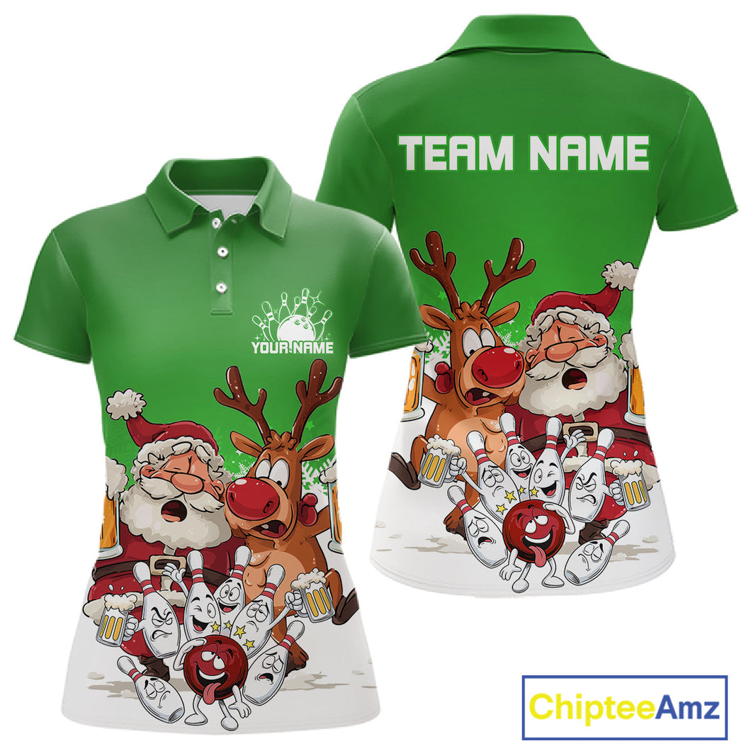 Custom Green Funny Christmas Women Bowling Shirts, Bowling And Beer Xmas Party Shirt IPHW10207