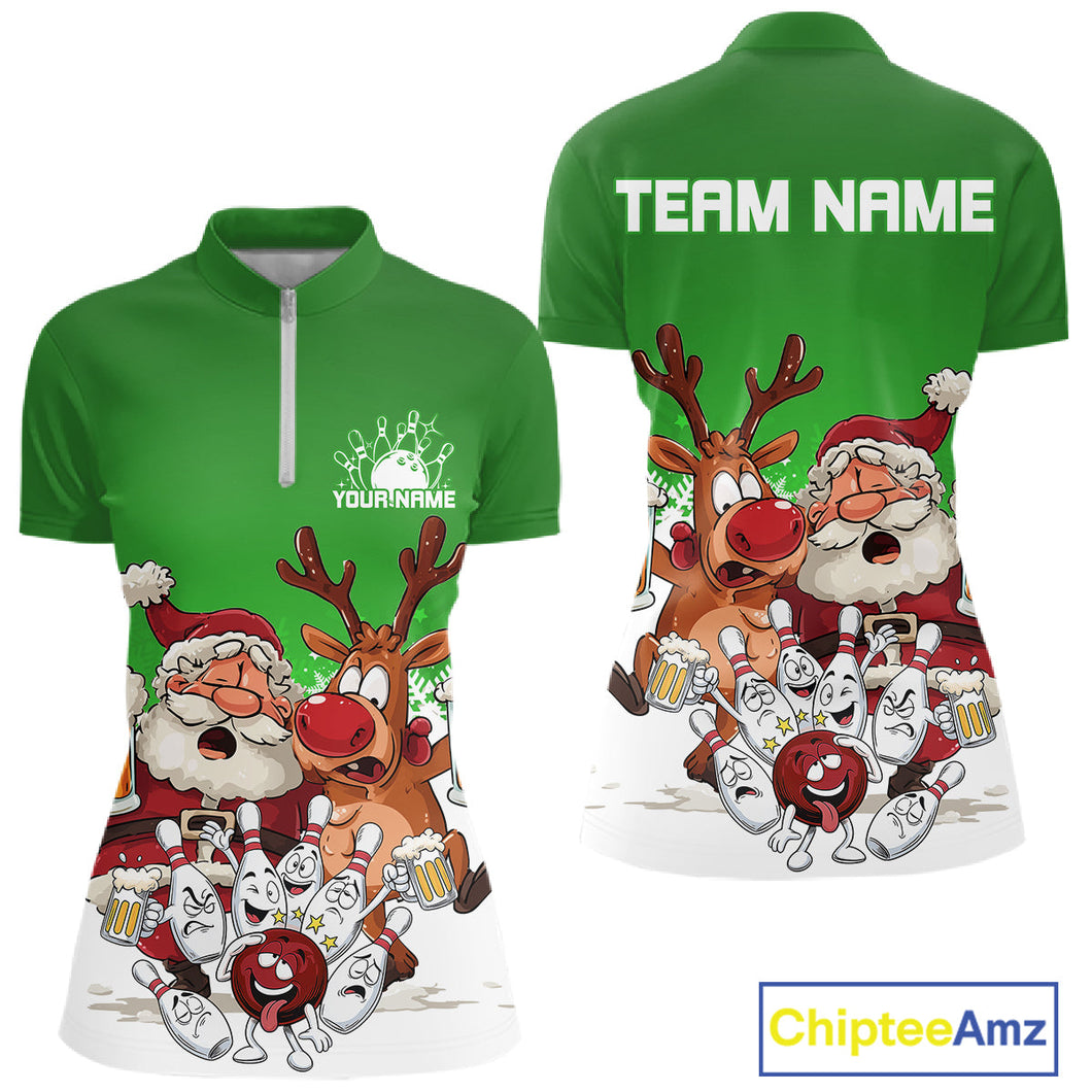 Custom Green Funny Christmas Women Bowling Shirts, Bowling And Beer Xmas Party Shirt IPHW10207