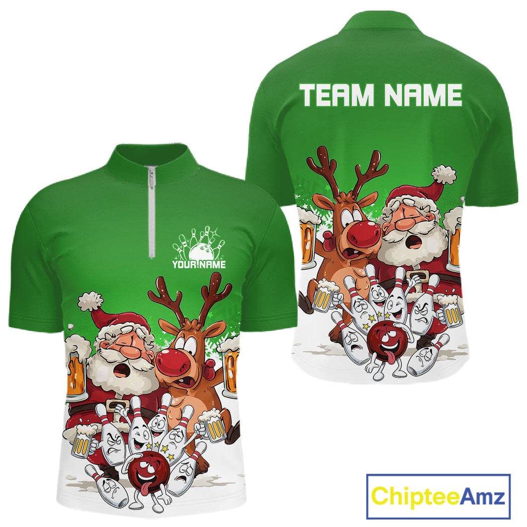 Custom Green Funny Christmas Men Bowling Shirts, Bowling And Beer Xmas Party Shirt IPHW10207
