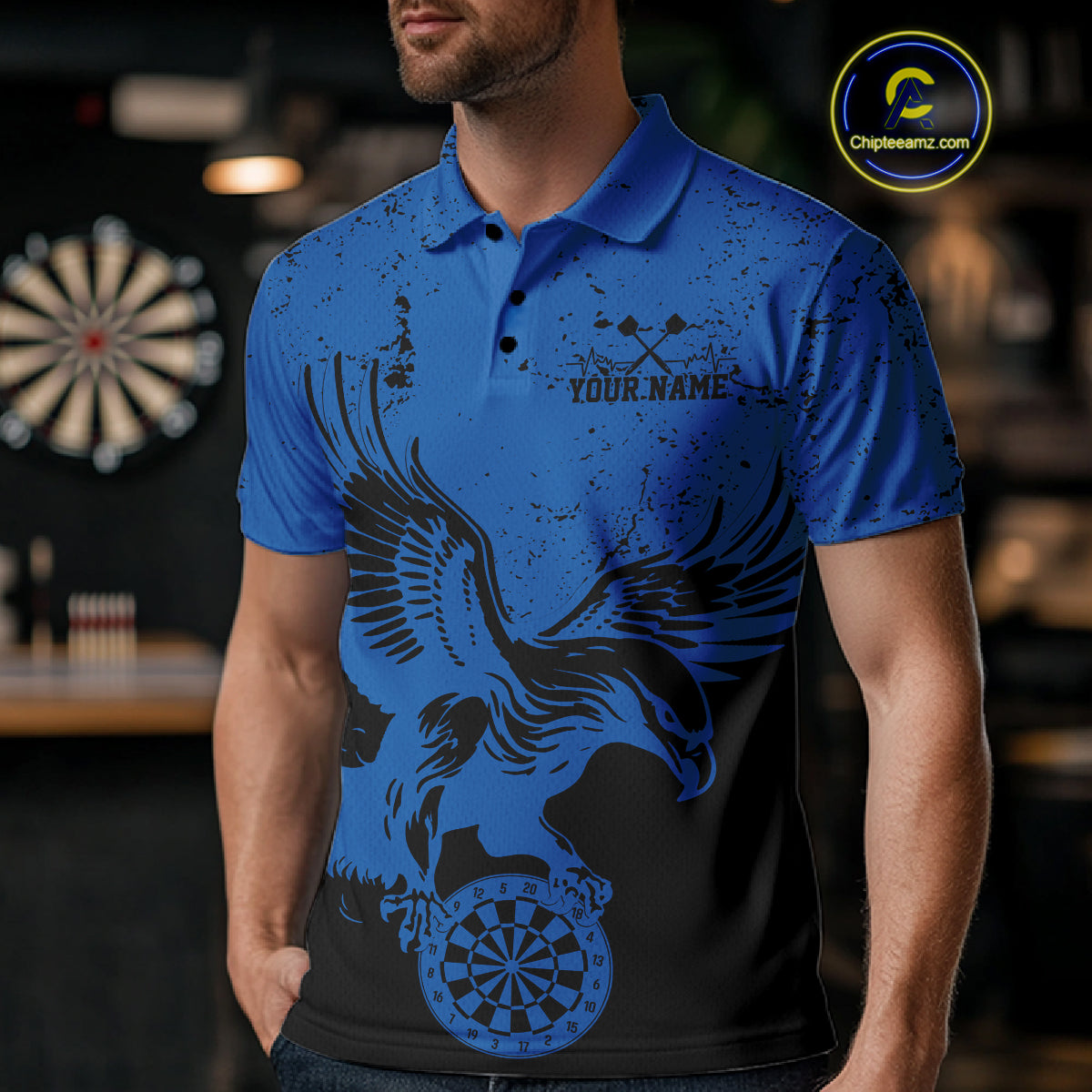 Custom Grunge Blue Eagle Dart Team Men Polo Shirts, Vintage Dart Uniform Players Outfit IPHW9965