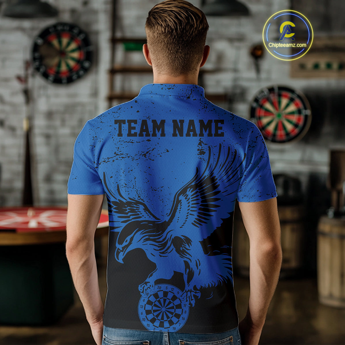 Custom Grunge Blue Eagle Dart Team Men Polo Shirts, Vintage Dart Uniform Players Outfit IPHW9965