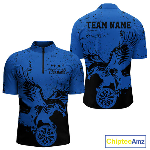 Custom Grunge Blue Eagle Dart Team Men Quarter-Zip Shirts, Vintage Dart Uniform Players Outfit IPHW9965