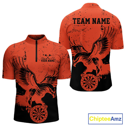 Custom Grunge Orange Eagle Dart Team Men Quarter-Zip Shirts, Vintage Dart Uniform Players Outfit IPHW9966