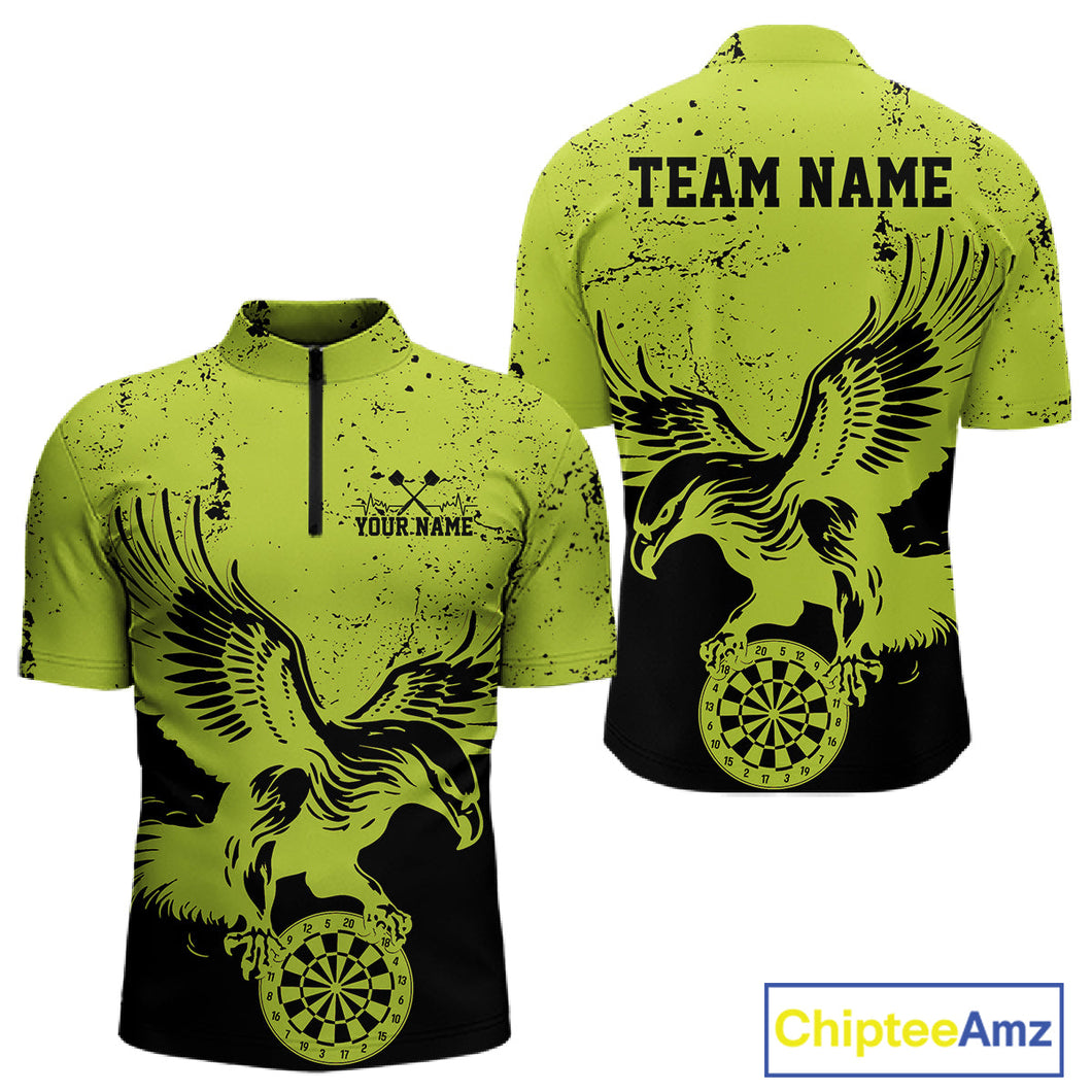 Custom Grunge Green Eagle Dart Team Men Quarter-Zip Shirts, Vintage Dart Uniform Players Outfit IPHW9967