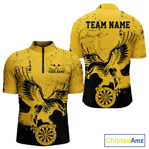 Custom Grunge Yellow Eagle Dart Team Men Quarter-Zip Shirts, Vintage Dart Uniform Players Outfit IPHW9968