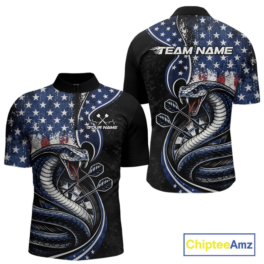 Custom Grunge US Flag Patriotic Cobra Snake Dart Men Quarter-Zip Shirt, Dart Jerseys IPHW10392