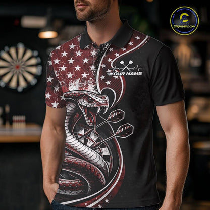 Custom Grunge Red US Flag Patriotic Cobra Snake Dart Men Polo Shirt, Dart Jerseys IPHW10393